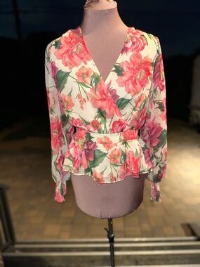 Express Floral Wrap Peplum Blouse - Pink/Green